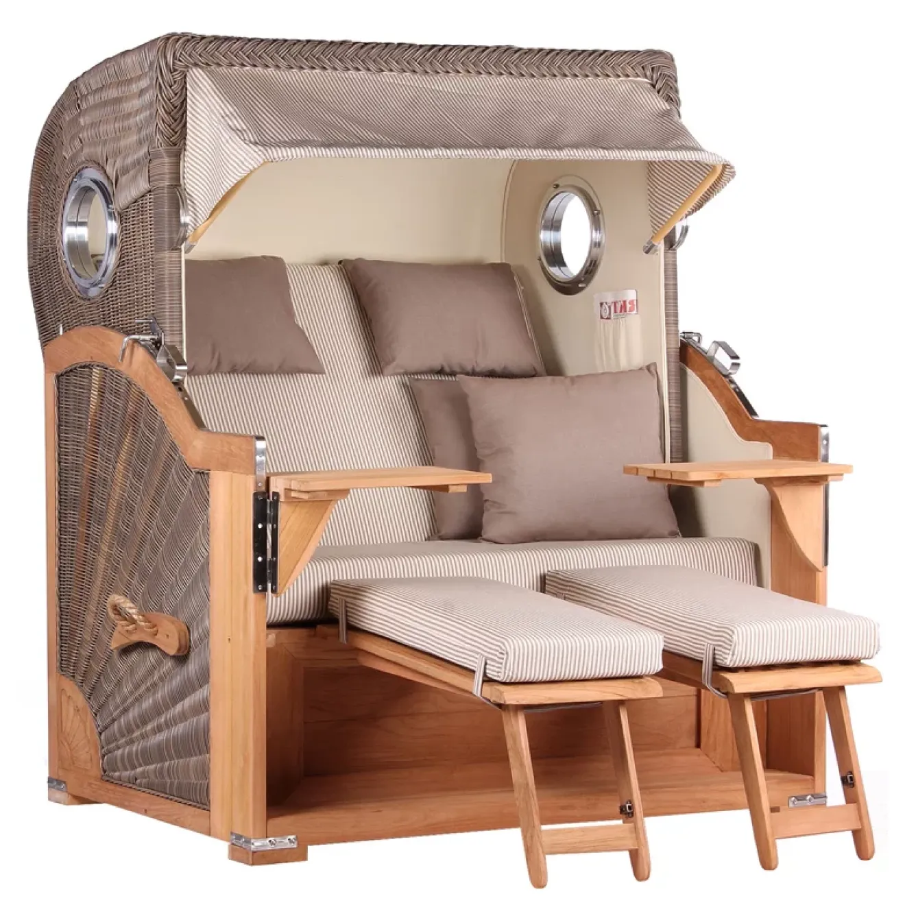 Teak Strandkorb Premium ✪ Massive Qualitaet ✪ Hochwertiges Teak Holz ✪ Bullaugen ✪ Rollen ✪ Schutzhaube ✪ Rückholmechanismus