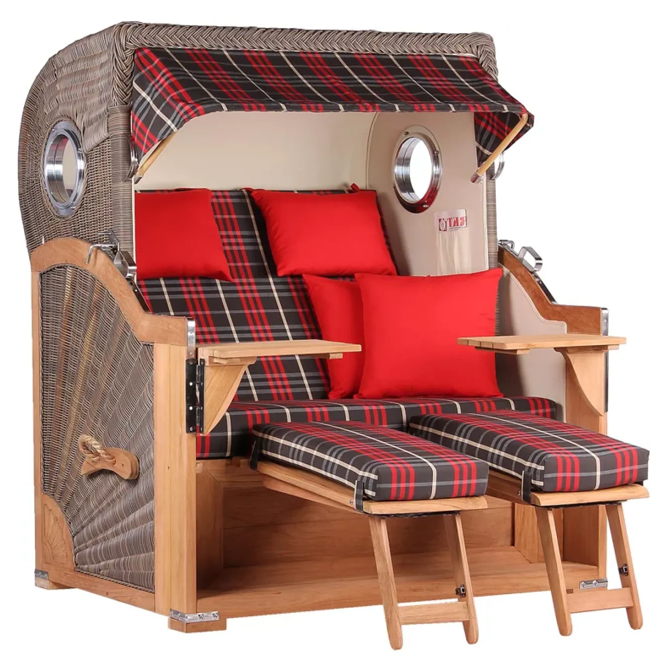 Teak Strandkorb Premium ✪ Massive Qualitaet ✪ Hochwertiges Teak Holz ✪ Bullaugen ✪ Rollen ✪ Schutzhaube ✪ Rückholmechanismus