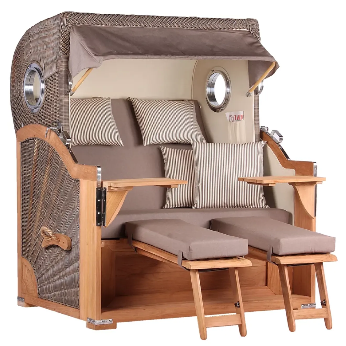 Teak Strandkorb Premium ✪ Massive Qualitaet ✪ Hochwertiges Teak Holz ✪ Bullaugen ✪ Rollen ✪ Schutzhaube ✪ Rückholmechanismus