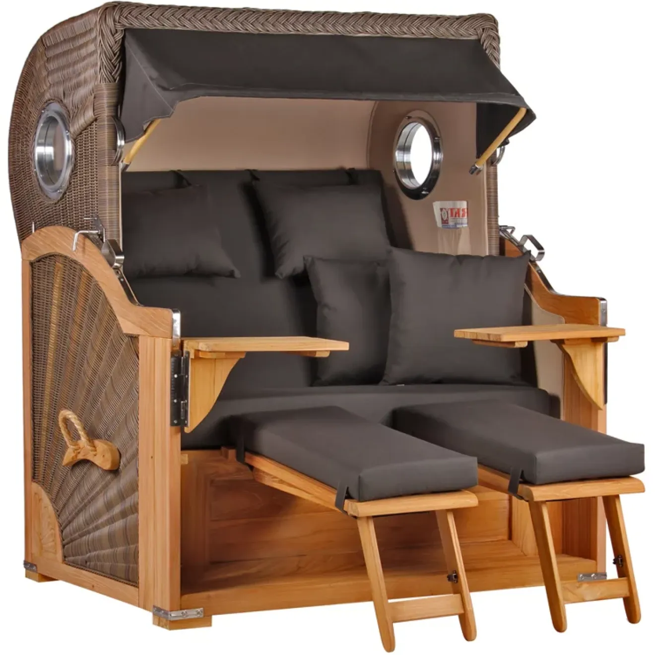 Teak Strandkorb Premium ✪ Massive Qualitaet ✪ Hochwertiges Teak Holz ✪ Bullaugen ✪ Rollen ✪ Schutzhaube ✪ Rückholmechanismus