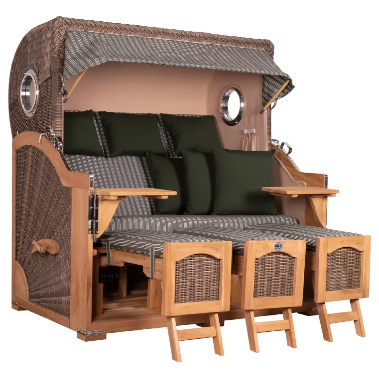 Strandkorb Dangast Teak 3er XXL 170cm breit ✪ Premiumqualität ✪ Bullaugen ✪ Rollen ✪ Schutzhaube ✪ Rückholmechanismus