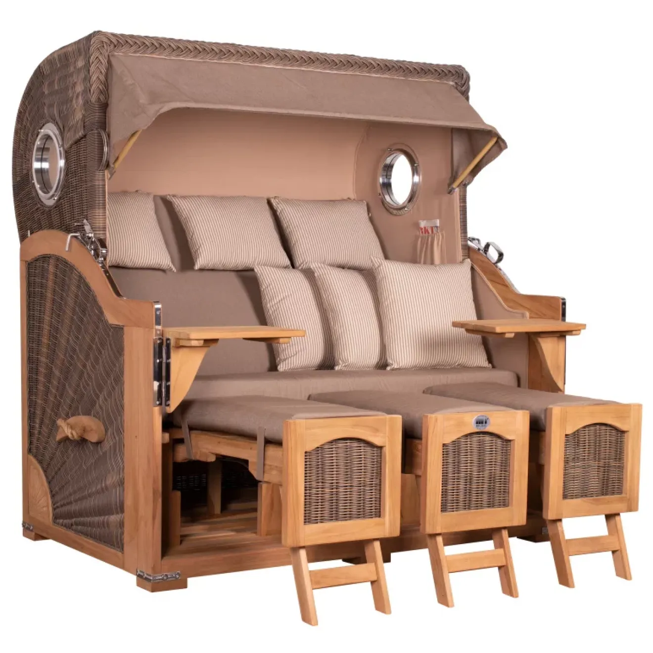 Strandkorb Dangast Teak 3er XXL 170cm breit ✪ Premiumqualität ✪ Bullaugen ✪ Rollen ✪ Schutzhaube ✪ Rückholmechanismus