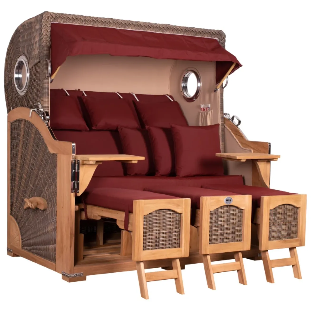 Strandkorb Dangast Teak 3er XXL 170cm breit ✪ Premiumqualität ✪ Bullaugen ✪ Rollen ✪ Schutzhaube ✪ Rückholmechanismus
