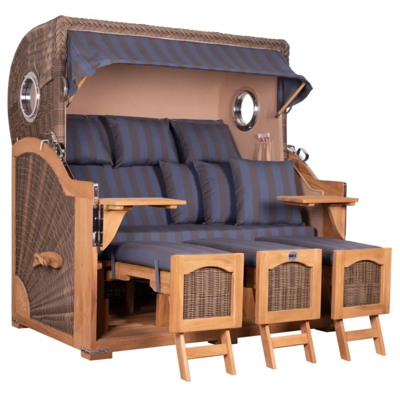 Strandkorb Dangast Teak 3er XXL 170cm breit ✪ Premiumqualität ✪ Bullaugen ✪ Rollen ✪ Schutzhaube ✪ Rückholmechanismus