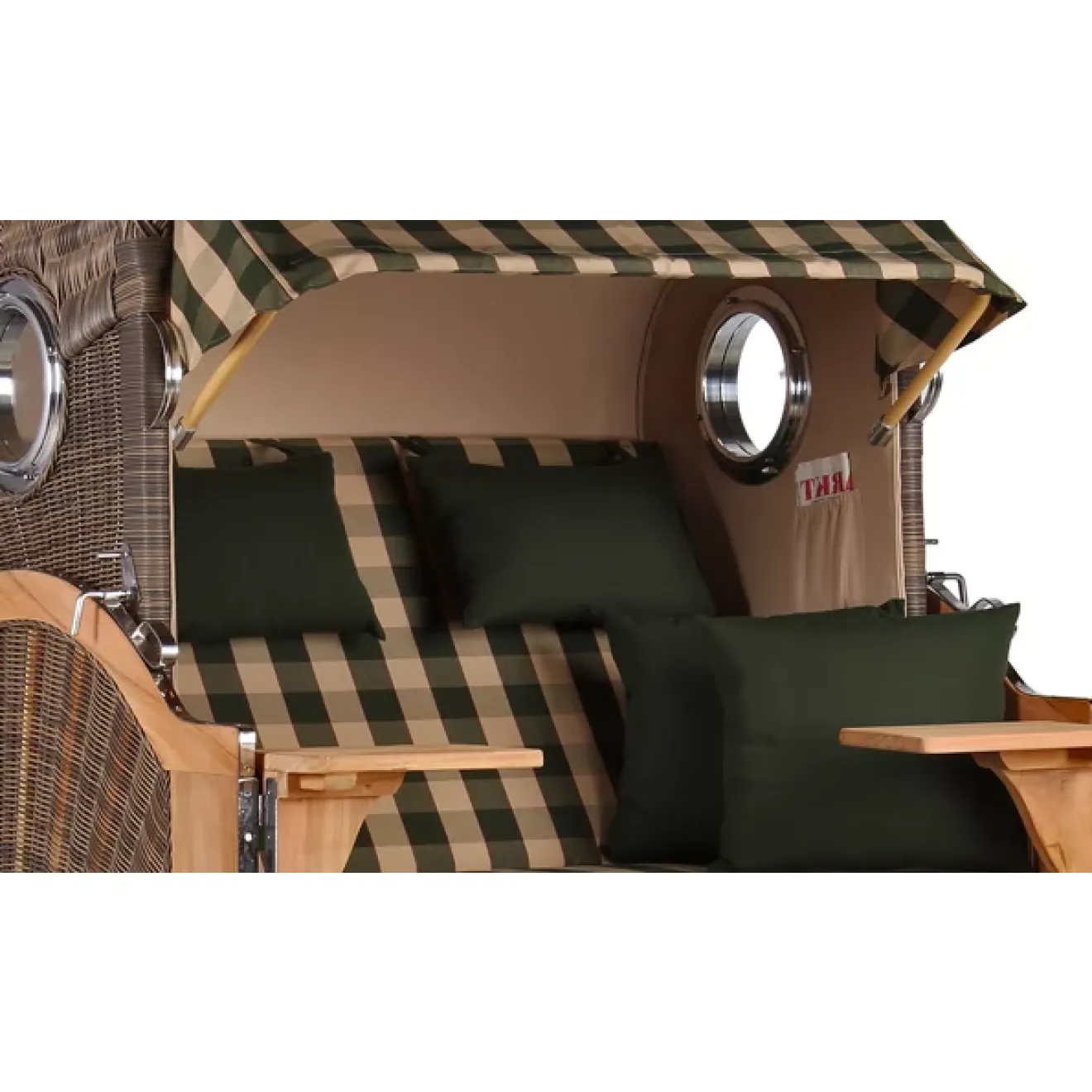 Teak Strandkorb Keitum Business 2 - Sitzer Blau Grau kariert Geflecht Mokka