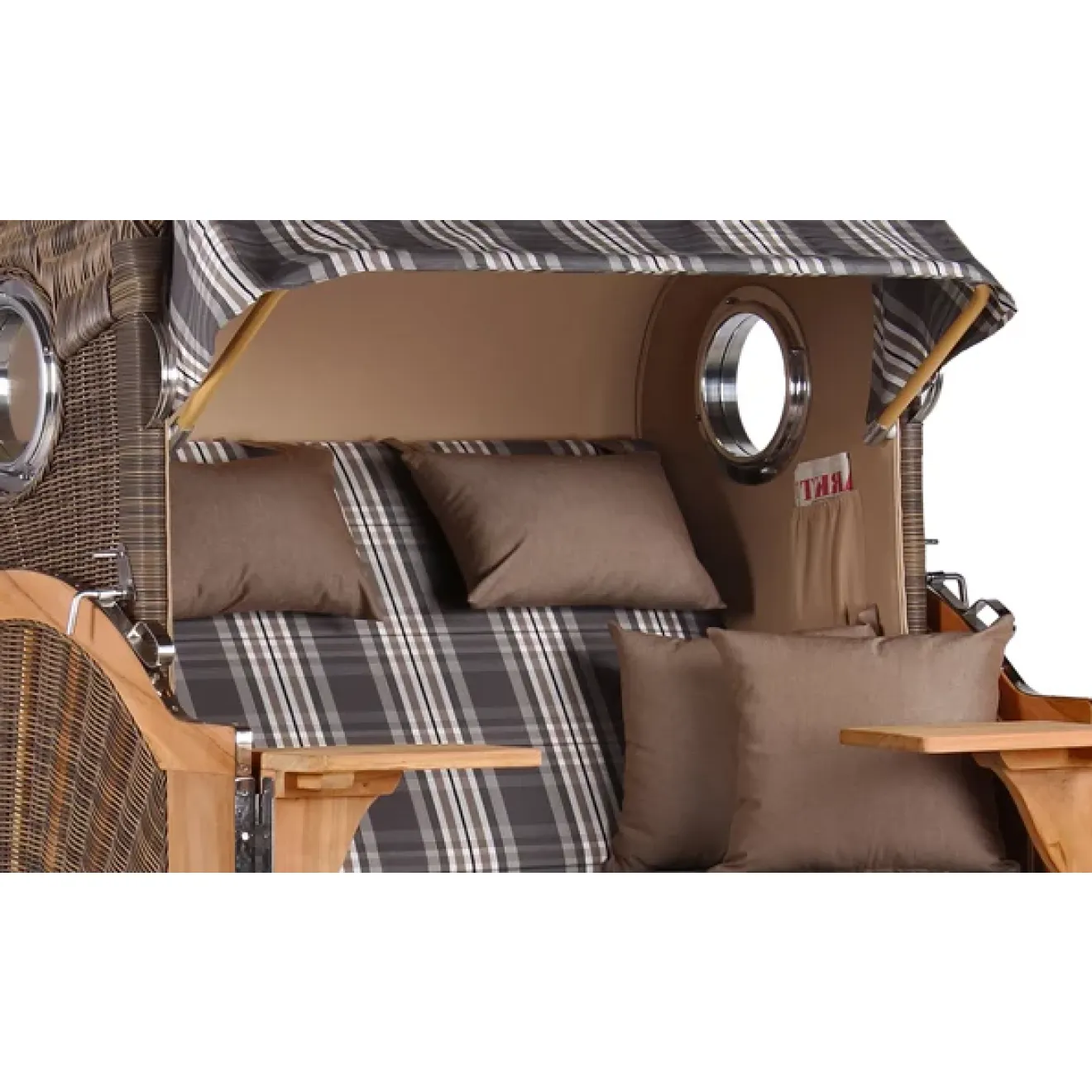Teak Strandkorb Keitum Business 2 - Sitzer Blau Grau kariert Geflecht Mokka