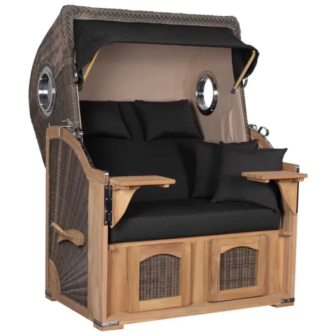 Teak Strandkorb Keitum Business 2 - Sitzer Blau Grau kariert Geflecht Mokka