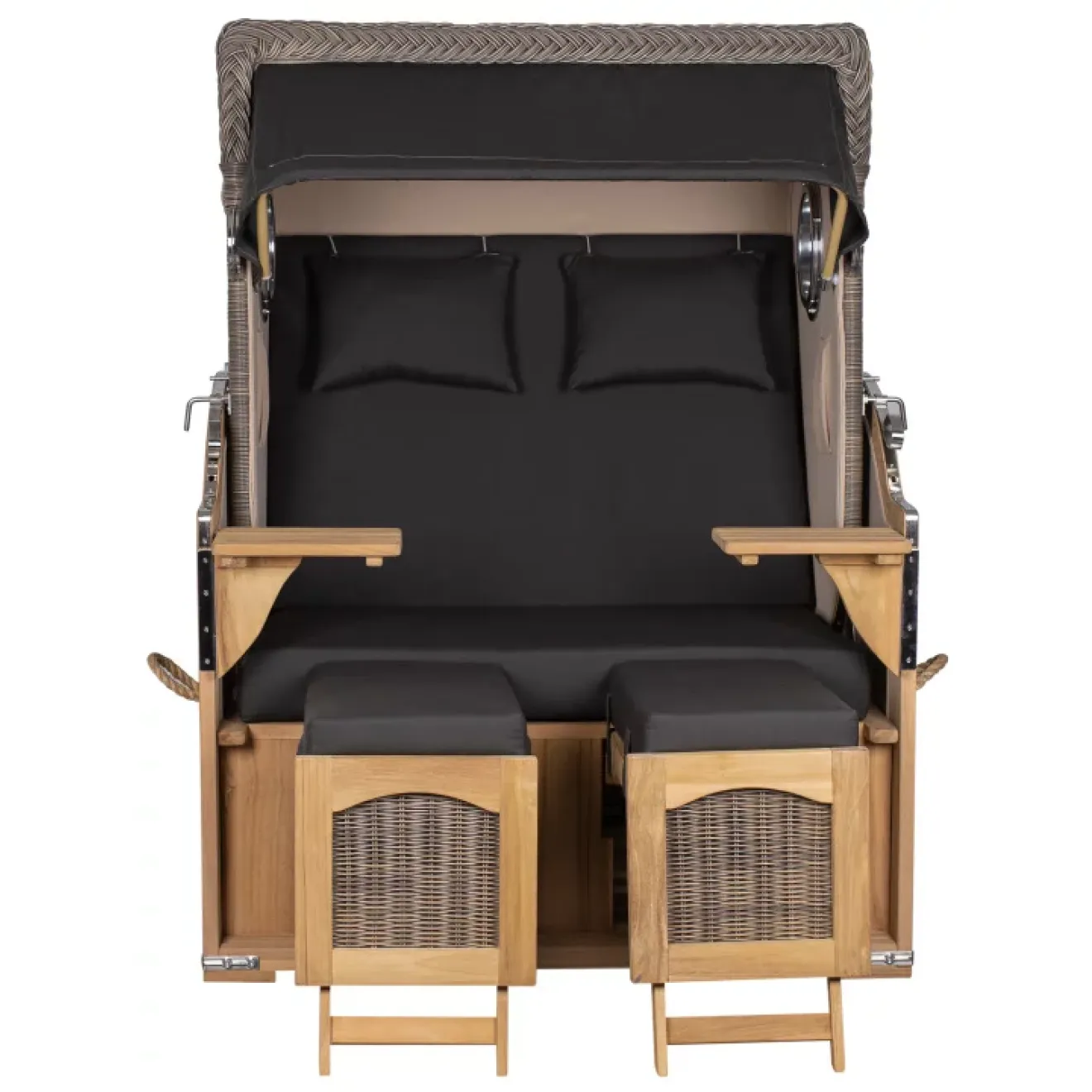 Teak Strandkorb Keitum Business 2 - Sitzer Blau Grau kariert Geflecht Mokka