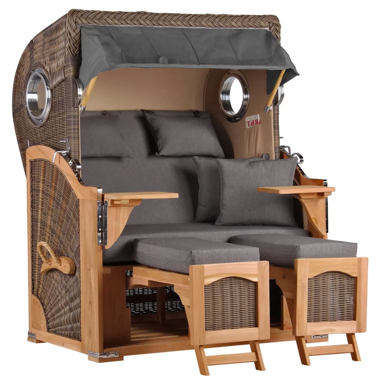 Teak Strandkorb Keitum Business 2-Sitzer Blau Grau kariert Geflecht Mokka