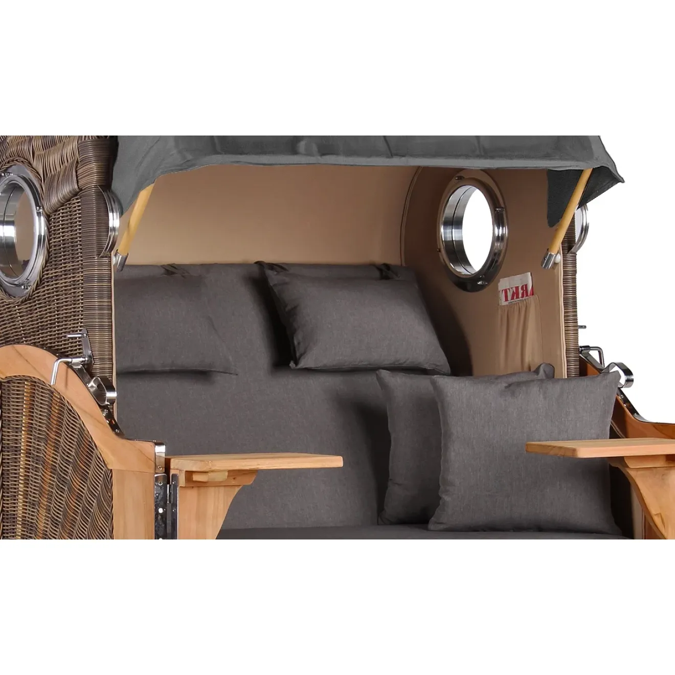 Teak Strandkorb Keitum Business 2 - Sitzer Blau Grau kariert Geflecht Mokka