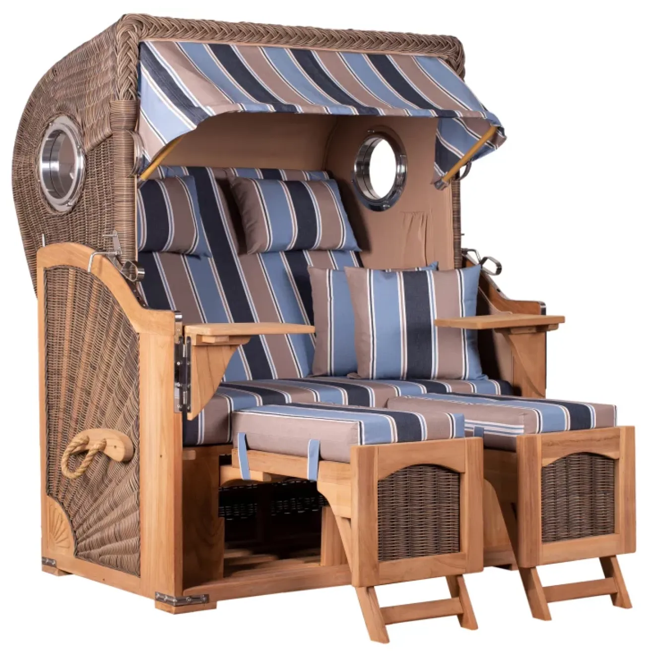 Teak Strandkorb Keitum Business 2-Sitzer Blau Grau kariert Geflecht Mokka