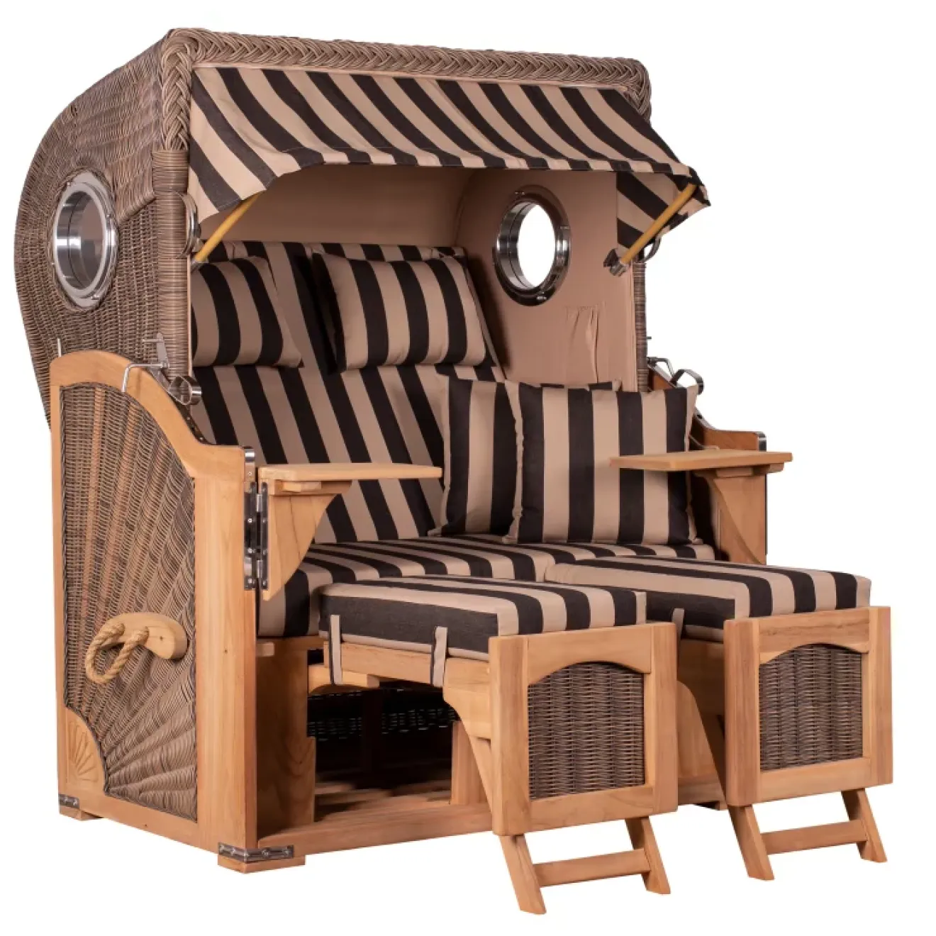 Teak Strandkorb Keitum Business 2-Sitzer Blau Grau kariert Geflecht Mokka