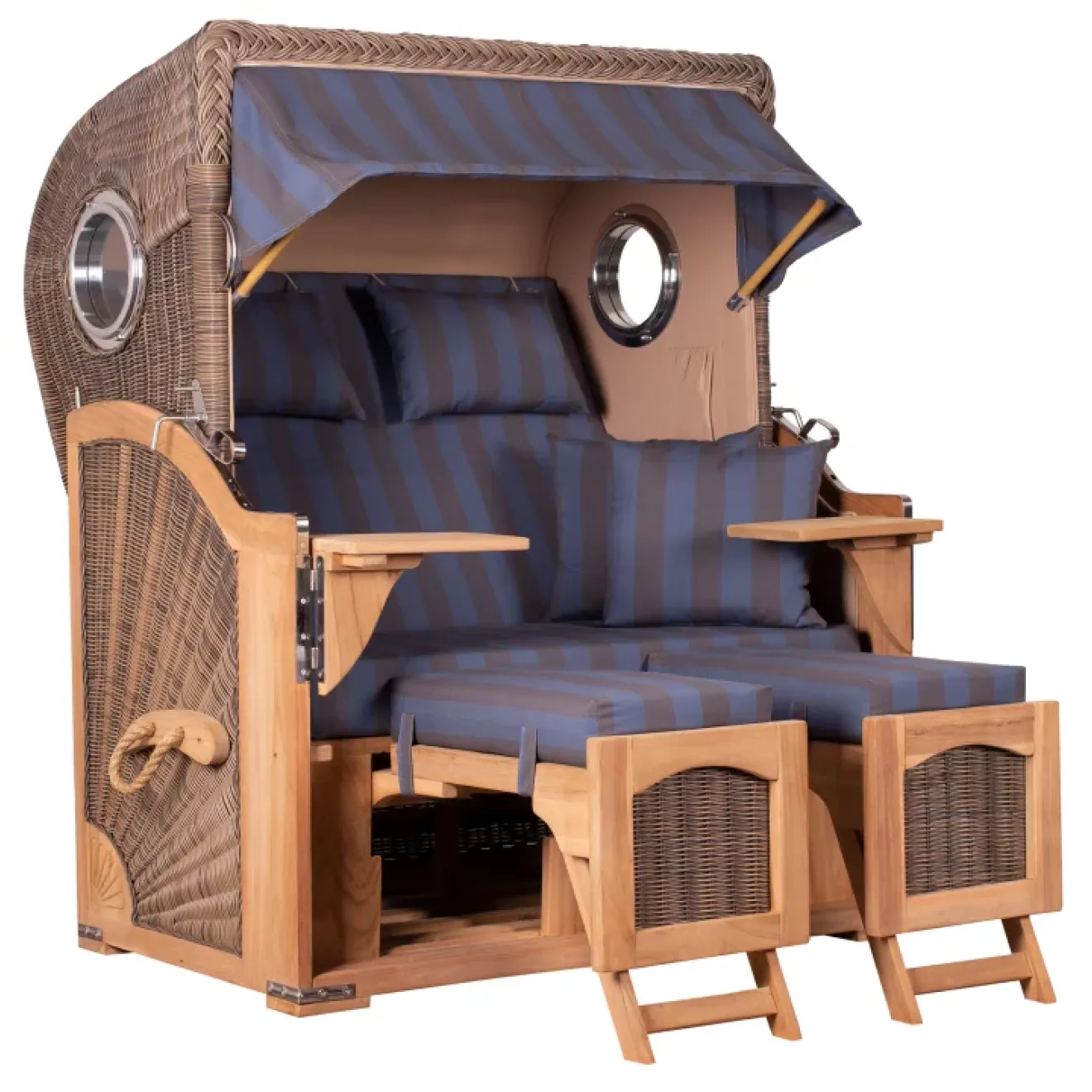 Teak Strandkorb Keitum Business 2-Sitzer Blau Grau kariert Geflecht Mokka