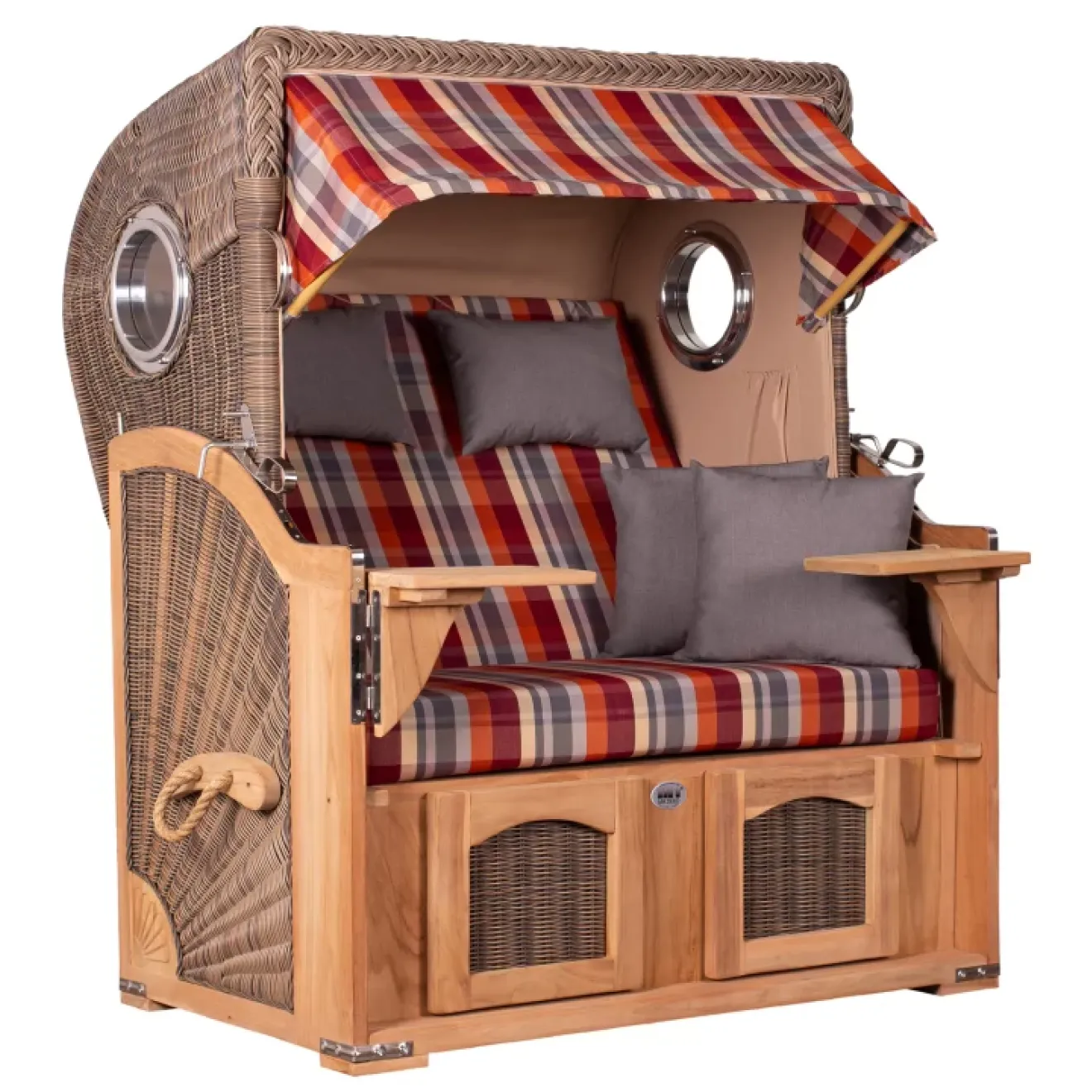 Teak Strandkorb Keitum Business 2 - Sitzer Blau Grau kariert Geflecht Mokka
