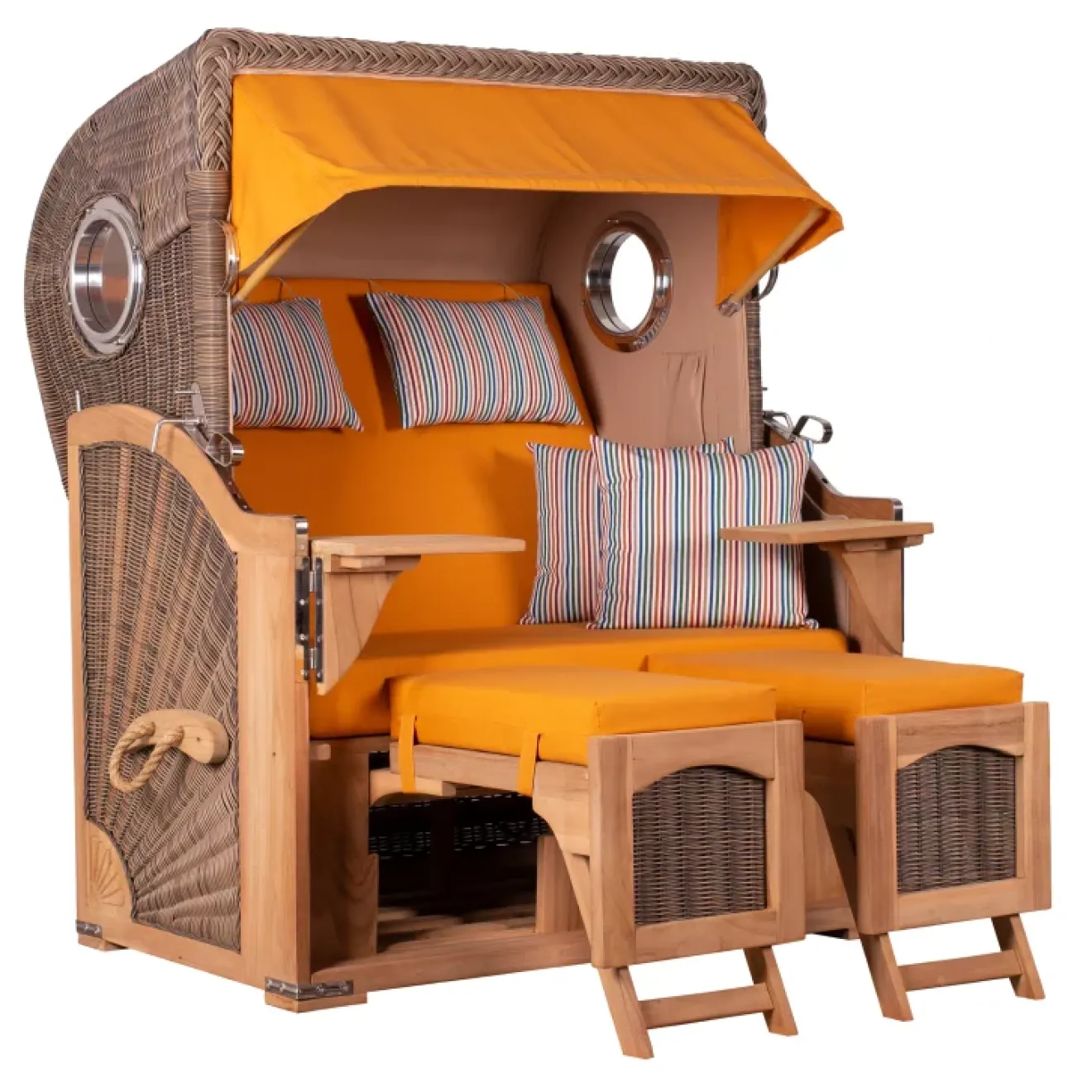 Teak Strandkorb Keitum Business 2-Sitzer Blau Grau kariert Geflecht Mokka