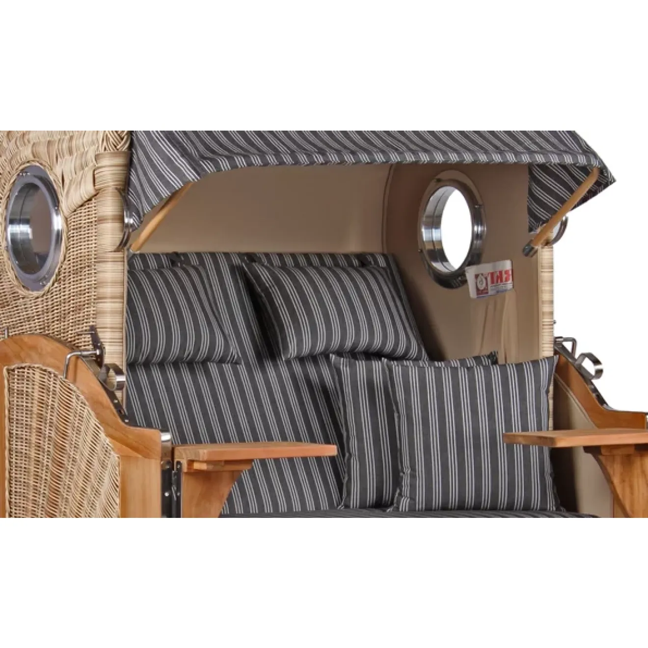 2er Teak Strandkorb Dangas. 125 cm Breit -ca. 170cm hoch. Mit Bullaugen und Schutzhaube - Komplettset