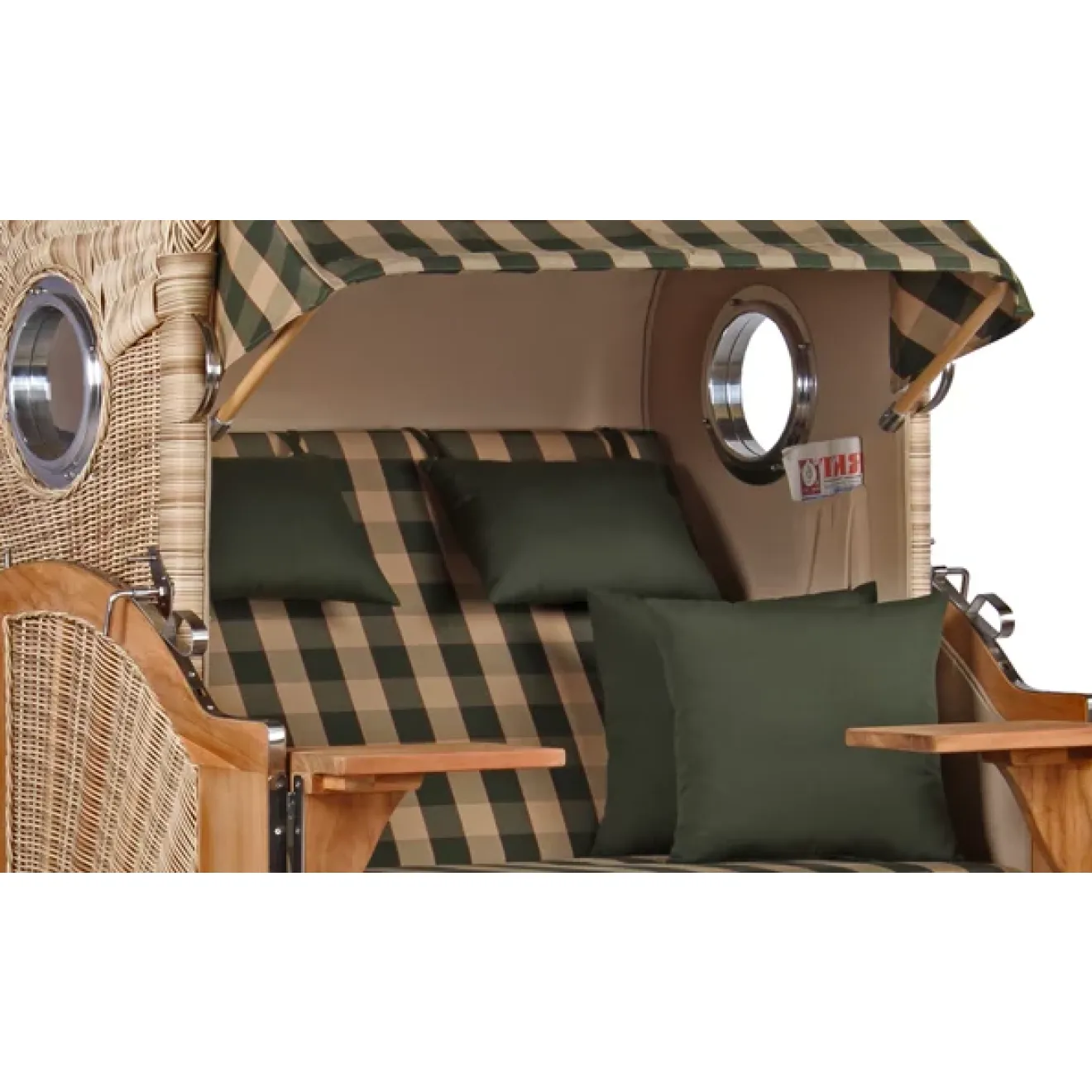 2er Teak Strandkorb Dangas. 125 cm Breit -ca. 170cm hoch. Mit Bullaugen und Schutzhaube - Komplettset