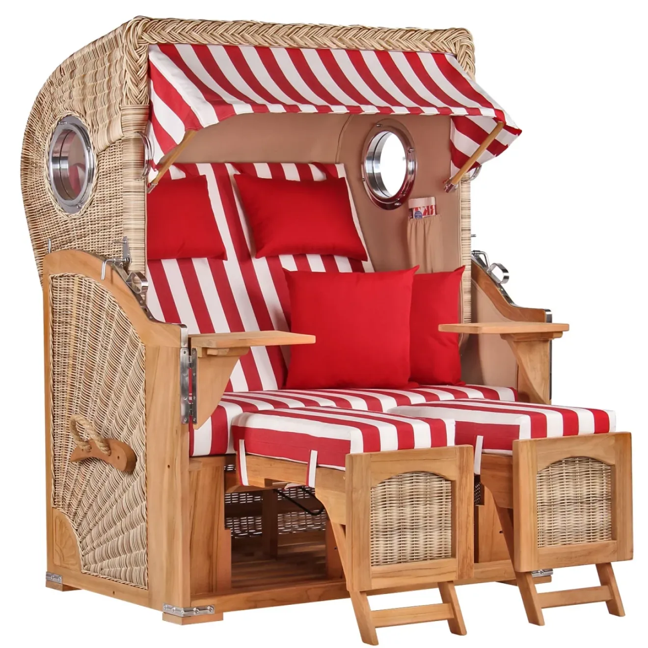 2er Teak Strandkorb Dangas. 125 cm Breit ✪ ca. 170cm hoch. Mit Bullaugen und Schutzhaube - Komplettset