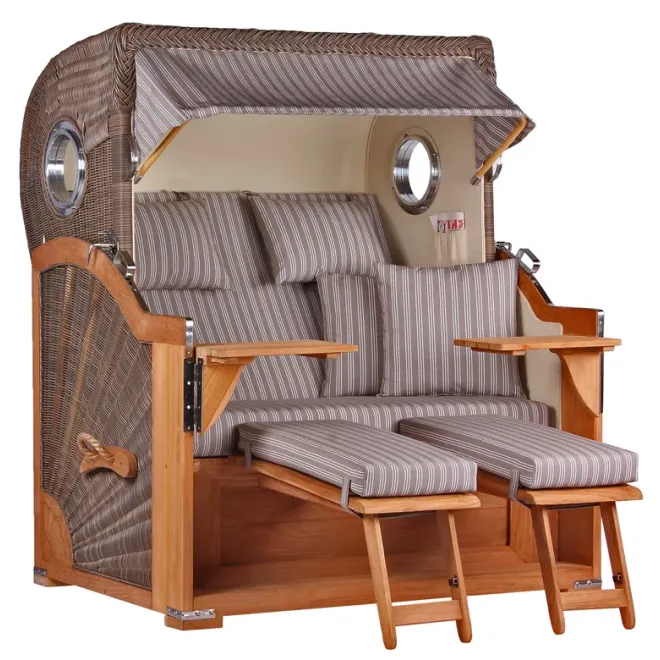 Teak Strandkorb Premium ✪ Massive Qualitaet ✪ Hochwertiges Teak Holz ✪ Bullaugen ✪ Rollen ✪ Schutzhaube ✪ Rückholmechanismus