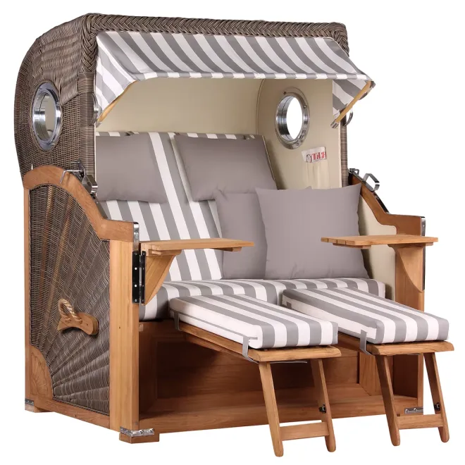 Teak Strandkorb Premium ✪ Massive Qualitaet ✪ Hochwertiges Teak Holz ✪ Bullaugen ✪ Rollen ✪ Schutzhaube ✪ Rückholmechanismus