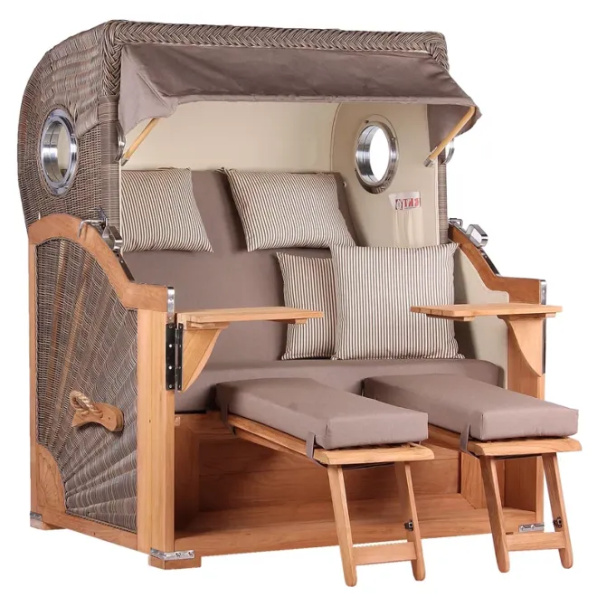 Teak Strandkorb Premium ✪ Massive Qualitaet ✪ Hochwertiges Teak Holz ✪ Bullaugen ✪ Rollen ✪ Schutzhaube ✪ Rückholmechanismus