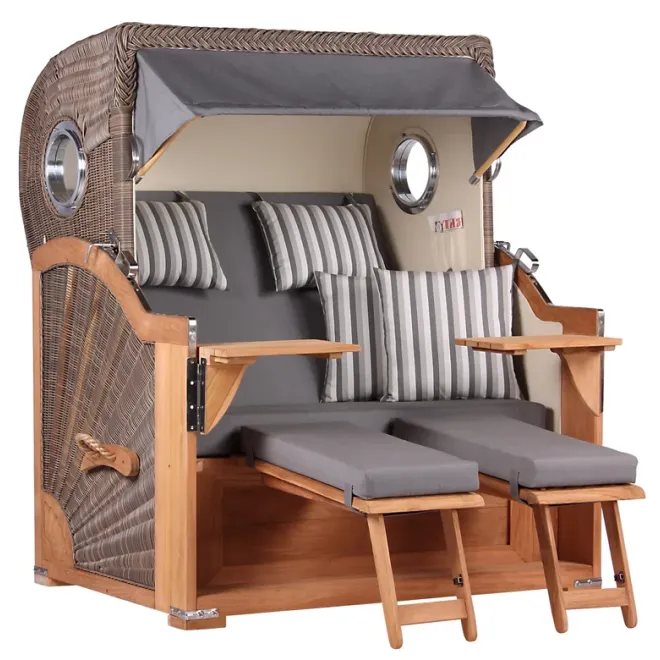 Teak Strandkorb Premium ✪ Massive Qualitaet ✪ Hochwertiges Teak Holz ✪ Bullaugen ✪ Rollen ✪ Schutzhaube ✪ Rückholmechanismus