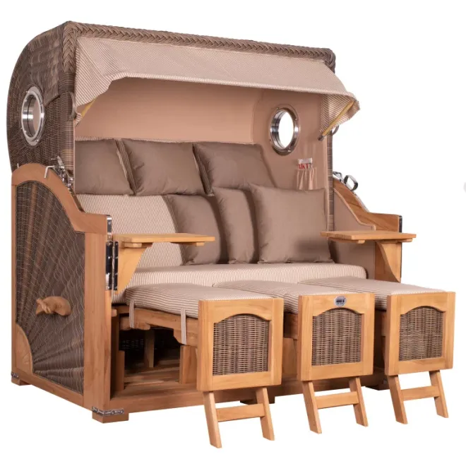 Strandkorb Dangast Teak 3er XXL 170cm breit ✪ Premiumqualität ✪ Bullaugen ✪ Rollen ✪ Schutzhaube ✪ Rückholmechanismus