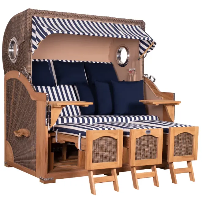 Strandkorb Dangast Teak 3er XXL 170cm breit ✪ Premiumqualität ✪ Bullaugen ✪ Rollen ✪ Schutzhaube ✪ Rückholmechanismus