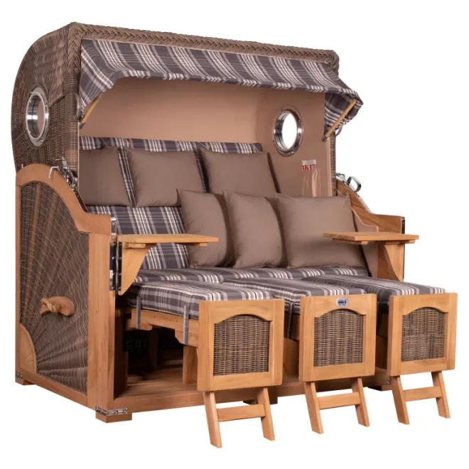 Strandkorb Dangast Teak 3er XXL 170cm breit ✪ Premiumqualität ✪ Bullaugen ✪ Rollen ✪ Schutzhaube ✪ Rückholmechanismus