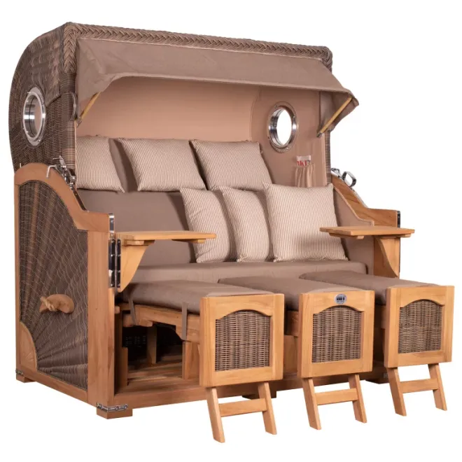 Strandkorb Dangast Teak 3er XXL 170cm breit ✪ Premiumqualität ✪ Bullaugen ✪ Rollen ✪ Schutzhaube ✪ Rückholmechanismus