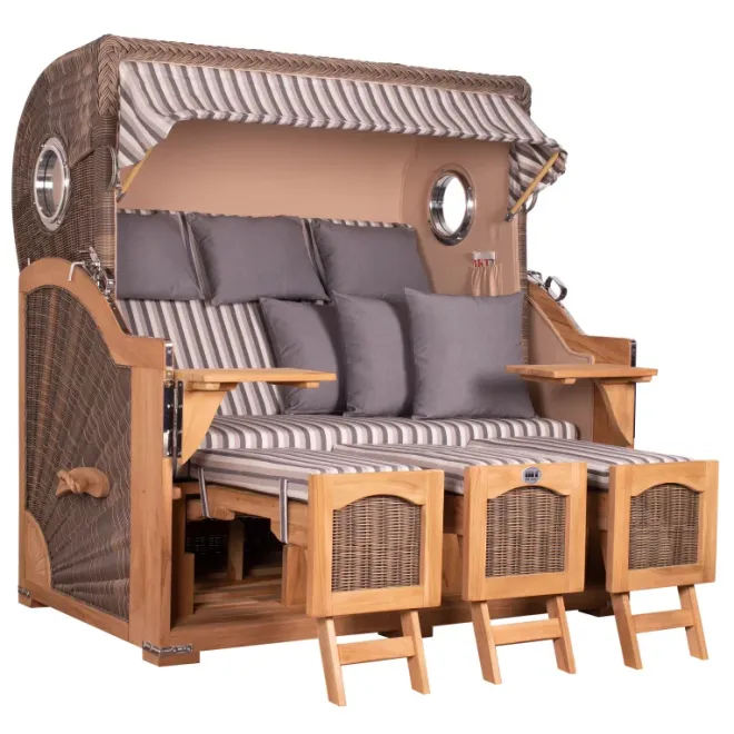 Strandkorb Dangast Teak 3er XXL 170cm breit ✪ Premiumqualität ✪ Bullaugen ✪ Rollen ✪ Schutzhaube ✪ Rückholmechanismus