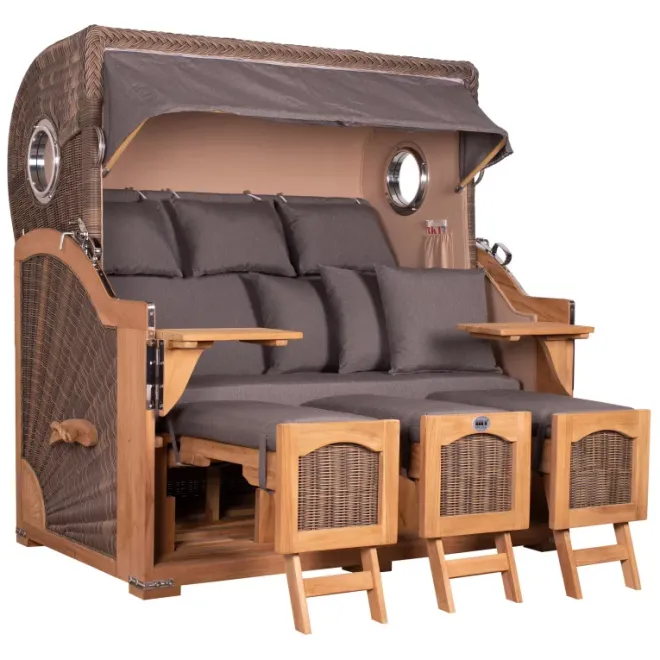 Strandkorb Dangast Teak 3er XXL 170cm breit ✪ Premiumqualität ✪ Bullaugen ✪ Rollen ✪ Schutzhaube ✪ Rückholmechanismus