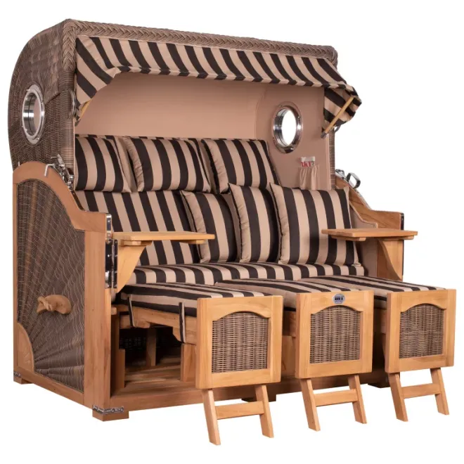 Strandkorb Dangast Teak 3er XXL 170cm breit ✪ Premiumqualität ✪ Bullaugen ✪ Rollen ✪ Schutzhaube ✪ Rückholmechanismus