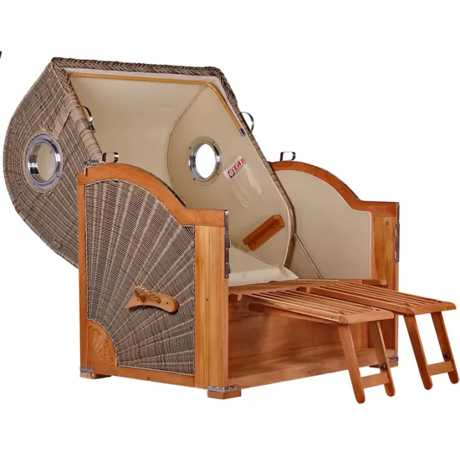 2er Teak Strandkorb Dangas. Keine Stützkrücke. 175 Grad Voll-Liegefläche. 125 cm Breit -ca. 170cm hoch. Mit Bullaugen und Schutzhaube - Komplettset