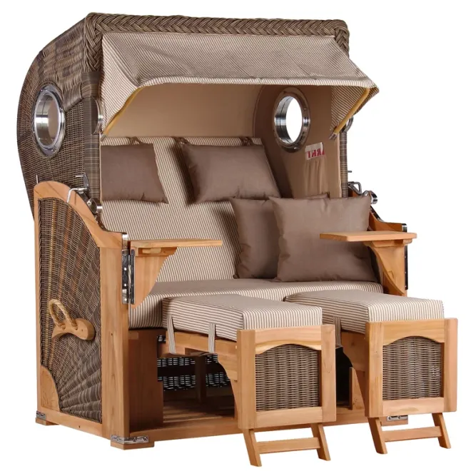 Teak Strandkorb Keitum Business 2-Sitzer Blau Grau kariert Geflecht Mokka