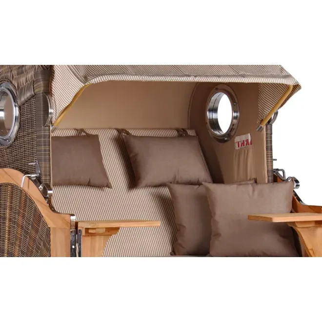 Teak Strandkorb Keitum Business 2 - Sitzer Blau Grau kariert Geflecht Mokka