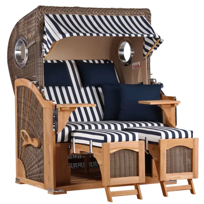 Teak Strandkorb Keitum Business 2-Sitzer Blau Grau kariert Geflecht Mokka