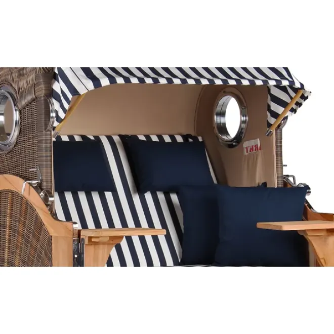 Teak Strandkorb Keitum Business 2 - Sitzer Blau Grau kariert Geflecht Mokka