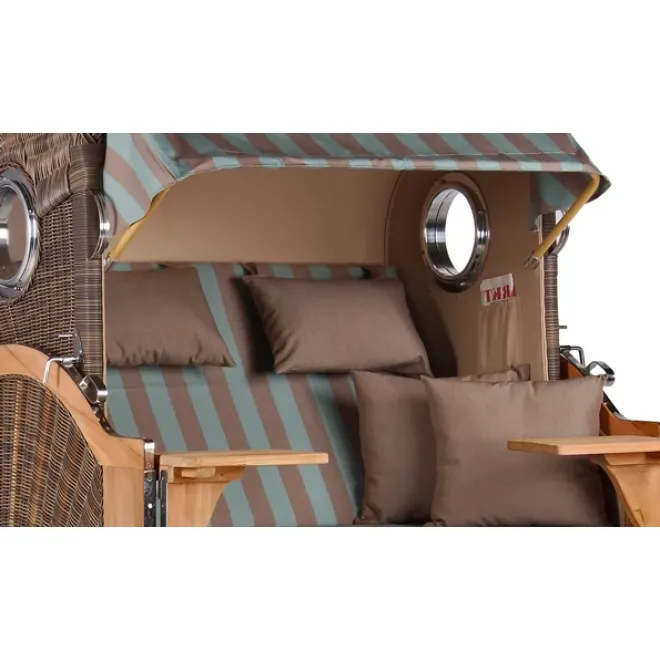 Teak Strandkorb Keitum Business 2 - Sitzer Blau Grau kariert Geflecht Mokka