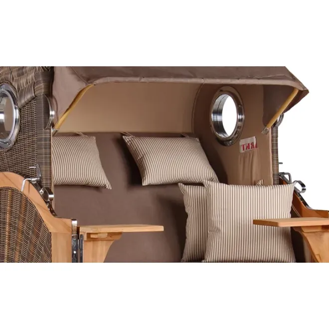 Teak Strandkorb Keitum Business 2 - Sitzer Blau Grau kariert Geflecht Mokka