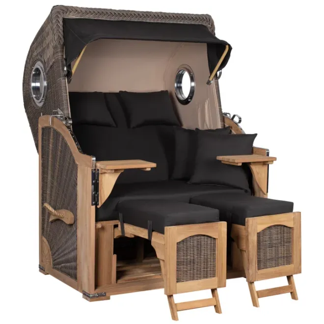 Teak Strandkorb Keitum Business 2-Sitzer Blau Grau kariert Geflecht Mokka