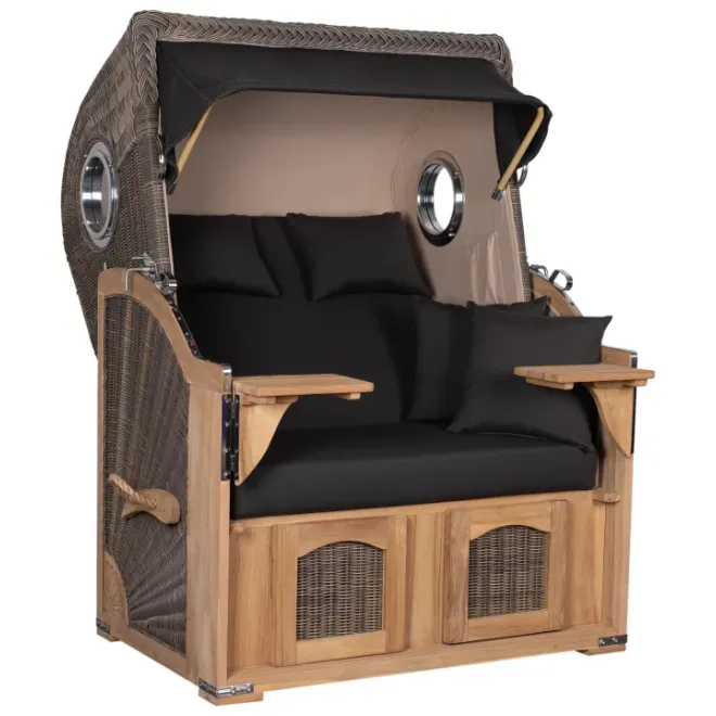 Teak Strandkorb Keitum Business 2 - Sitzer Blau Grau kariert Geflecht Mokka
