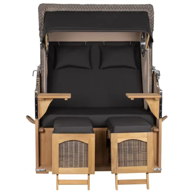 Teak Strandkorb Keitum Business 2 - Sitzer Blau Grau kariert Geflecht Mokka
