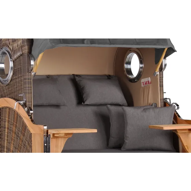 Teak Strandkorb Keitum Business 2 - Sitzer Blau Grau kariert Geflecht Mokka