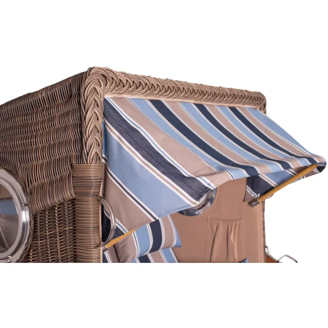 Teak Strandkorb Keitum Business 2 - Sitzer Blau Grau kariert Geflecht Mokka