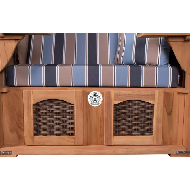 Teak Strandkorb Keitum Business 2 - Sitzer Blau Grau kariert Geflecht Mokka