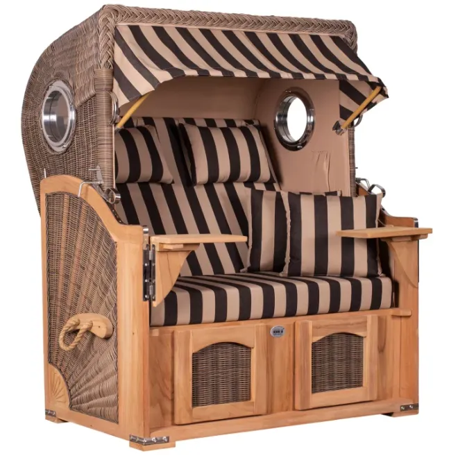 Teak Strandkorb Keitum Business 2 - Sitzer Blau Grau kariert Geflecht Mokka