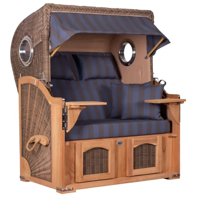Teak Strandkorb Keitum Business 2 - Sitzer Blau Grau kariert Geflecht Mokka