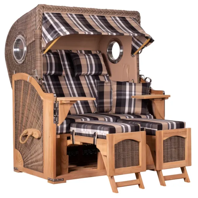 Teak Strandkorb Keitum Business 2-Sitzer Blau Grau kariert Geflecht Mokka
