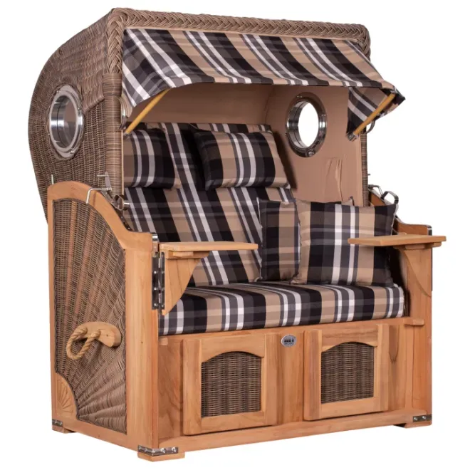 Teak Strandkorb Keitum Business 2 - Sitzer Blau Grau kariert Geflecht Mokka